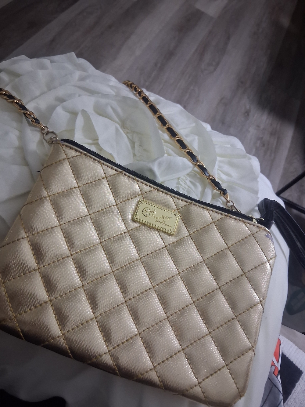 Betsey Johnson Mini Quilted Metallic Cream Crossbody Bag with Chain Strap